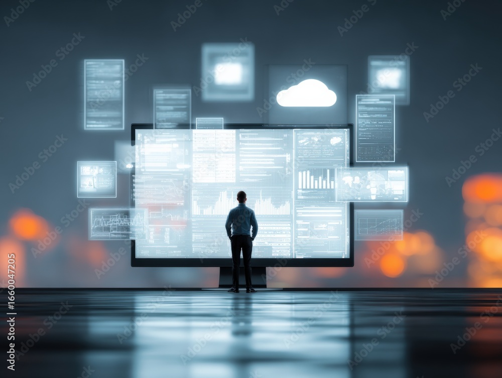 Poster data analysis visualization: man standing before interactive screen displaying financial data and cl