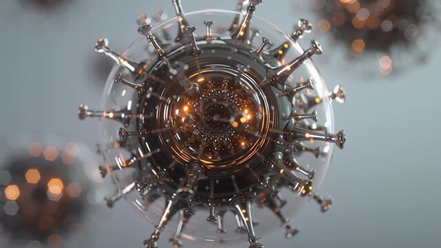 3D rendering showcases a complex virus cell. Suitable for scientific, medical, research, and health-related themes, especially those concerning virology and disease.