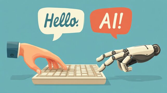 Human and AI Collaboration Depicted with Cartoon Hands Typing on a Keyboard, Speech Bubbles