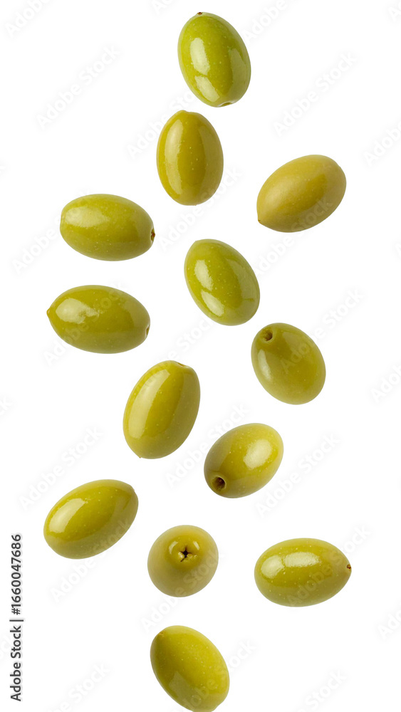 Poster fresh green olives falling against a transparent background, creating a dynamic and appetizing visua