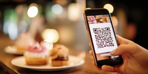 Obraz na płótnie Canvas Customer scans QR code at restaurant using smartphone to access online menu, contactless ordering concept