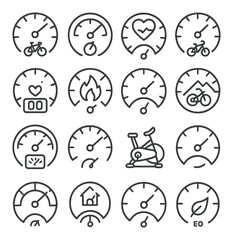 Set of 16 gauge icons with cycling, heartbeat, and eco symbols
