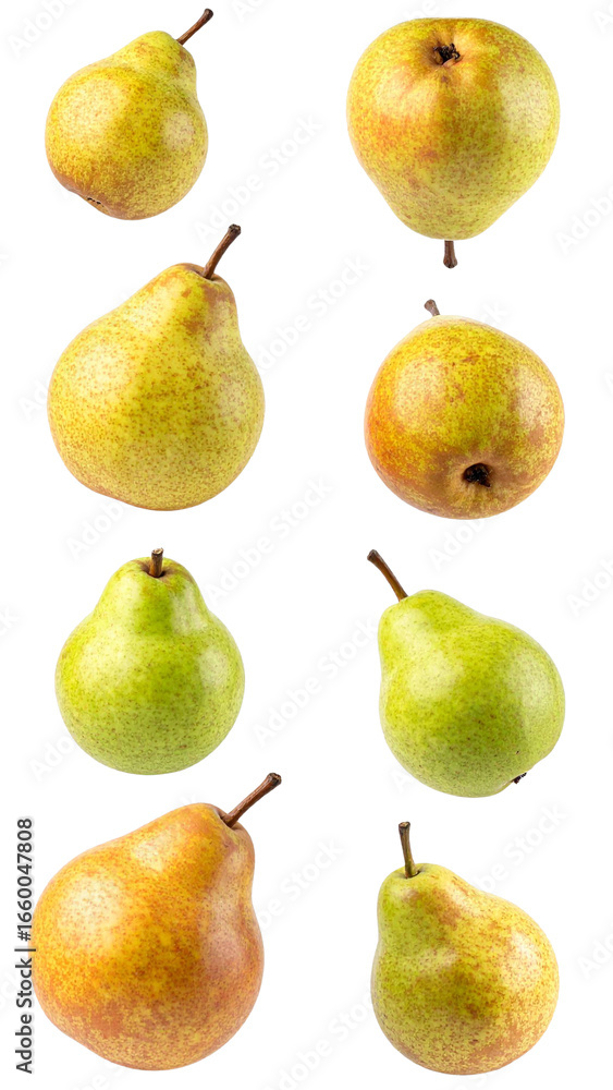 Poster eight ripe pears of different colors falling against a transparent background, creating a vibrant an