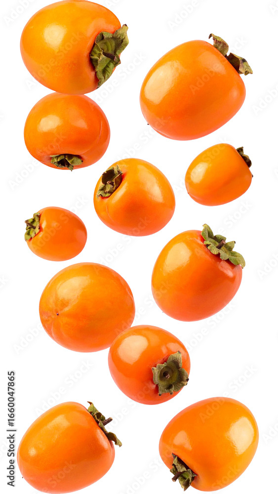 Poster ripe persimmons falling against a transparent background, creating a dynamic and vibrant image perfe