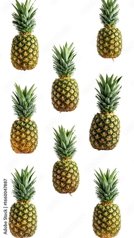 Poster fresh, ripe pineapples cascading downwards against a transparent backdrop, creating a vibrant and dy
