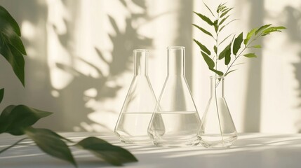 Three Glass Flasks with Clear Liquid and Green Plants on White Surface with Shadow Still Life in Soft Natural Lighting