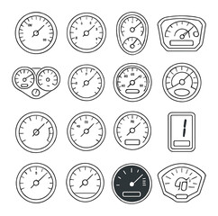 Collection of diverse analog speedometer and gauge icons in various designs