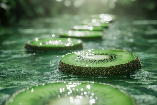 Fresh kiwi slices floating on water in sunlight