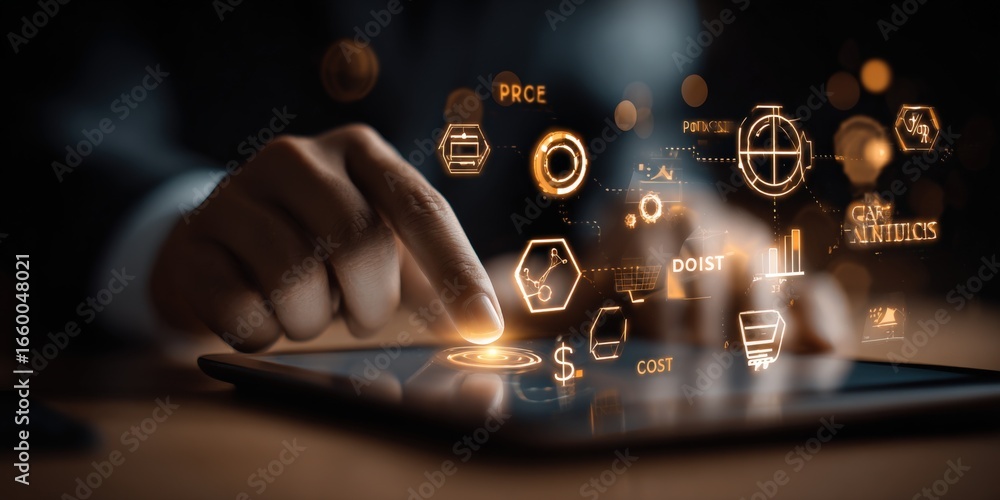 Poster digital transformation: business professional interacting with interactive financial data charts and
