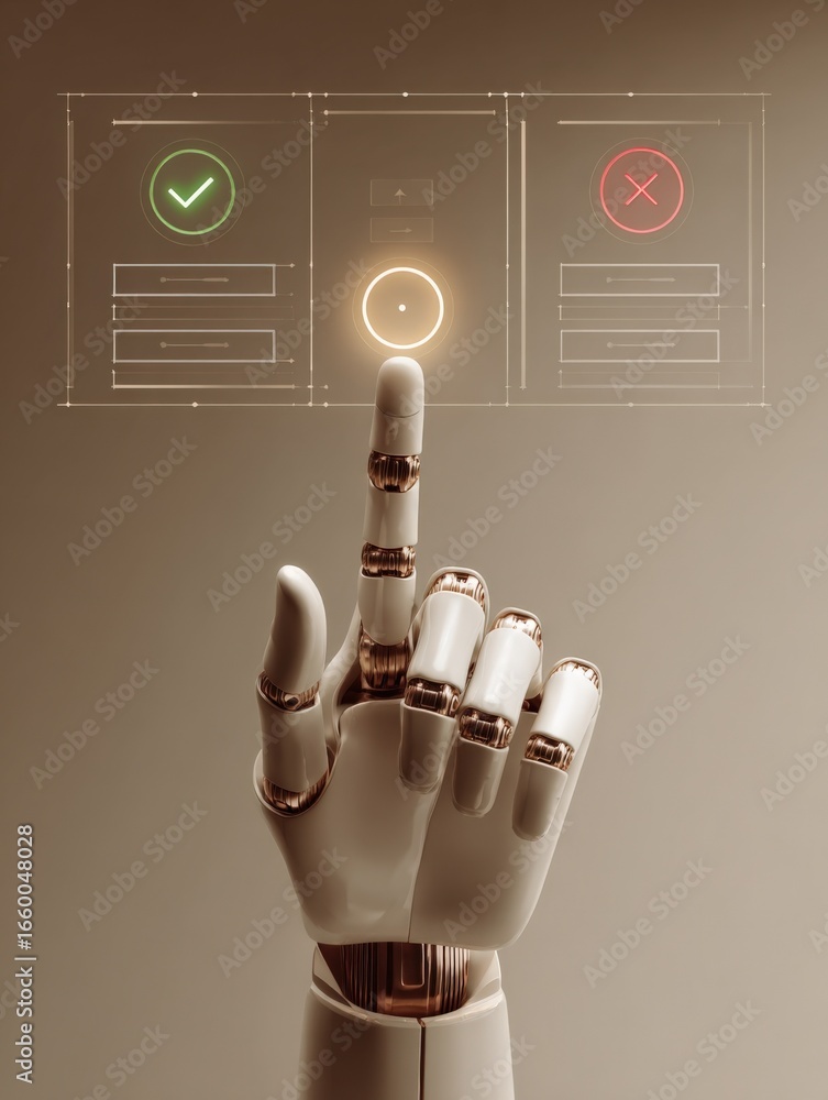 Aufkleber futuristic robot hand selecting an option with approval and rejection icons on a digital interface