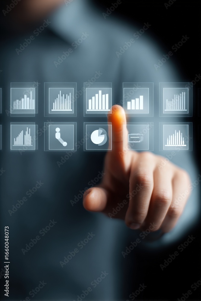 Poster interactive data visualization: man interacting with a touchscreen interface displaying business ana