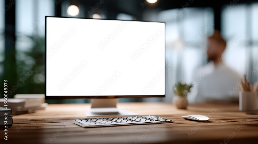Poster modern office workspace with blank computer screen for customization and display, desktop mockup