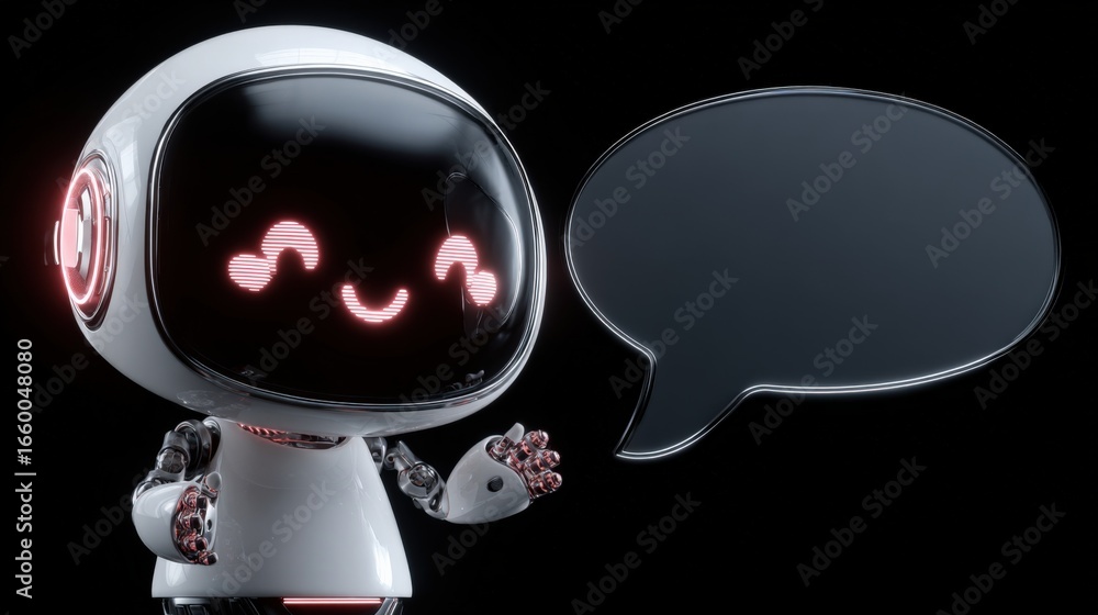 Poster friendly white robot character with speech bubble on a black background