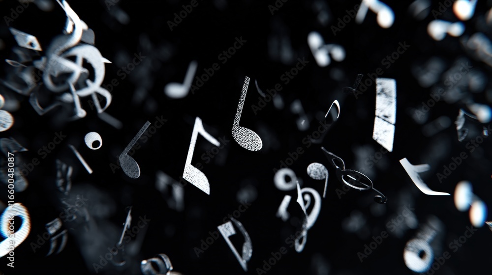 Poster abstract music notes floating in darkness: dynamic composition for creative musical projects