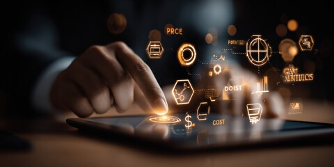 Digital Transformation: Business Professional Interacting with Interactive Financial Data Charts and Business Analysis on a Tablet