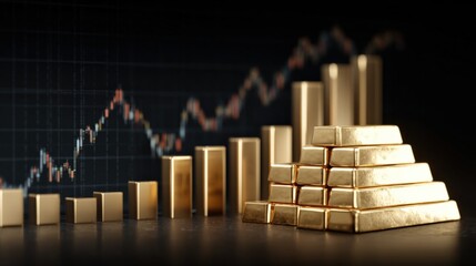 Gold Bars Arranged with Stock Market Chart Background, Investment and Financial Growth Concept