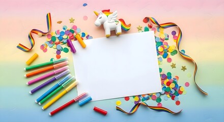 LGBTQ stationery with unicorn toy, blank paper and rainbow decorations on pastel background