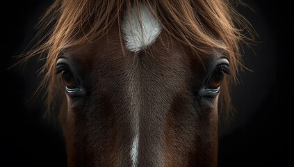 A detailed, close-up portrait of a brown horse's head, focusing on its gentle eye and expressive face