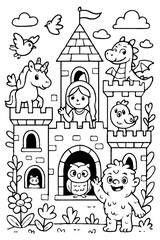 Fototapeta premium An adorable fairytale castle with a princess, magical unicorn, friendly dragon, and other fantasy creatures coloring page.