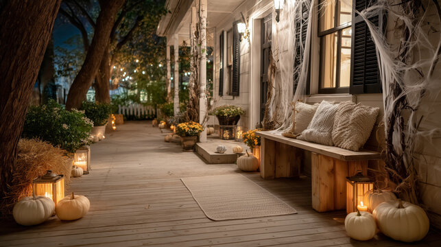 Cozy Farmhouse Porch Decorated For Halloween With Pumpkins And Lanterns