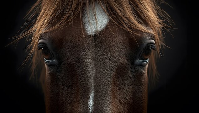 A detailed, close-up portrait of a brown horse's head, focusing on its gentle eye and expressive face - Powered by Adobe