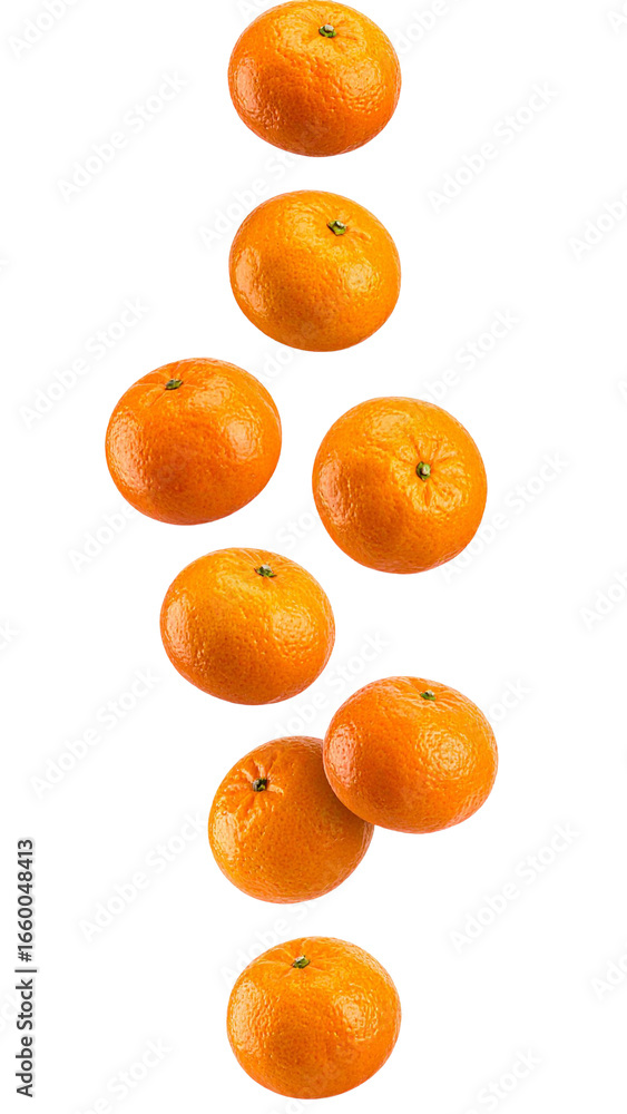 Poster ripe tangerines dropping, casting shadows on transparent surface with dynamic arrangement