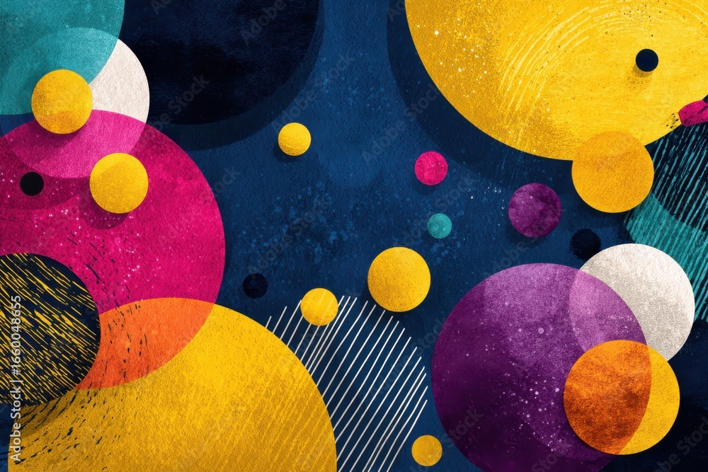 Poster abstract art with colorful circles and a textured dark background
