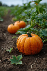 Obraz premium Orange Pumpkins Growing in a Field with Rich Greenery and Soil