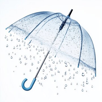 Light blue transparent umbrella with raindrops, isolated on white