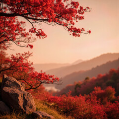 A breathtaking autumn mountain vista at sunrise, with vibrant red maple leaves framing a serene and hazy landscape, capturing the tranquil beauty of East Asia.
