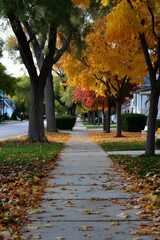 Naklejka premium Autumn Leaves Lining a Quiet Suburban Street with Vibrant Seasonal Colors