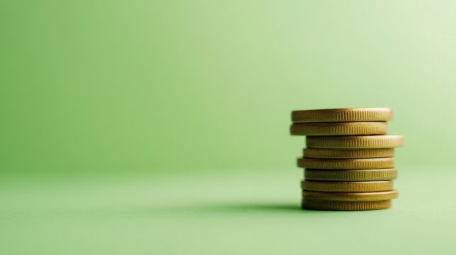 Stack of Golden Coins Piled High on a Light Green Textured Surface Financial Wealth Abundance Concept in Soft Studio Lighting