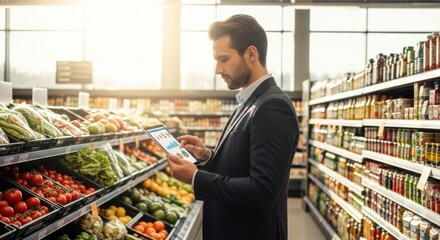 Man in Suit Using Tablet in Grocery Store with Fresh Vegetables and Shelves of Packaged Goods