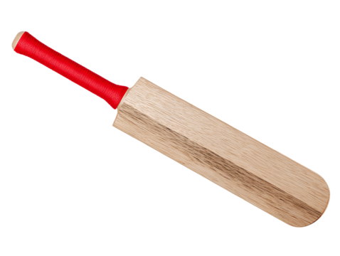 Top-Down View of Wooden Cricket Bat with Red Grip, Minimal Composition, Isolated on Transparent Background PNG
