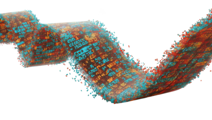 Abstract swirling ribbon of data.  A vibrant, flowing ribbon composed of a chaotic mix of numbers and characters.  The ribbon's form is organic and dynamic, suggestive of a stream of information.