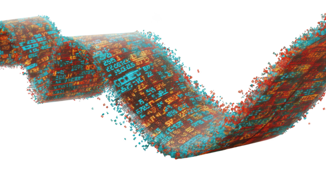 Abstract swirling ribbon of data.  A vibrant, flowing ribbon composed of a chaotic mix of numbers and characters.  The ribbon's form is organic and dynamic, suggestive of a stream of information.