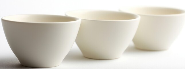 Three White Ceramic Cups Arranged Diagonally Against A Bright Background
