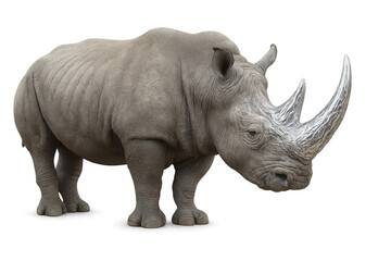 Obraz premium Powerful white rhinoceros standing, showcasing its impressive horn and thick skin, isolated on a transparent background