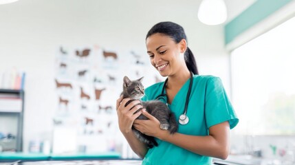 Female veterinarian in scrubs gently holds grey kitten in modern clinic, smiling as she examines pet health, showcasing animal care, veterinary medicine and compassionate professional service.