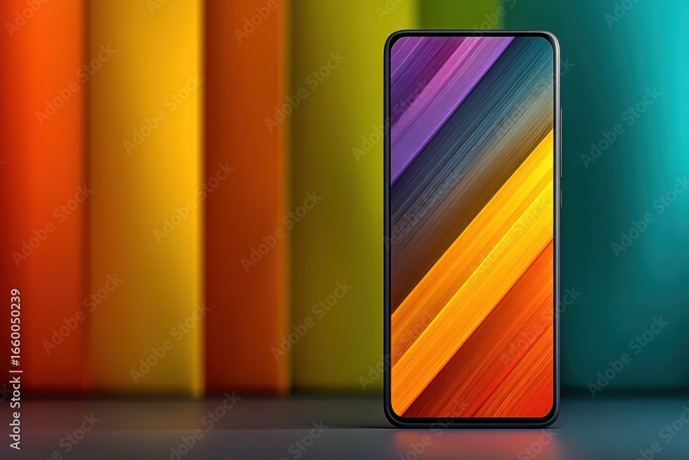 Poster modern smartphone on a vivid colorful background with dynamic striped design