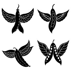Fototapeta premium Four stylized black and white pea pods with leaf wings in a symmetrical arrangement on white background