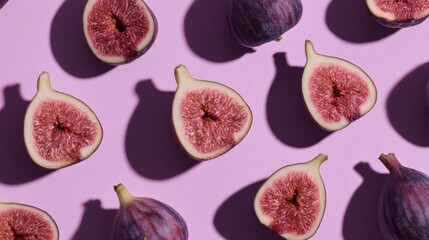 A repeating pattern of fresh halved and whole figs arranged in diagonal rows casting soft shadows on a smooth pastel pink background, emphasizing intricate fruit interior textures.