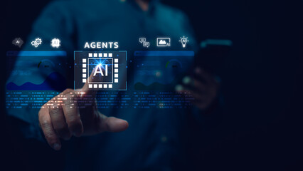 Businessman manages autonomous AI agents using virtual touchscreen interface. Concept shows future technology, business automation, machine learning, data analysis, smart software, digital