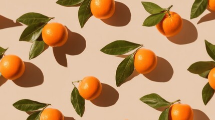 A seamless pattern of whole ripe oranges with green leaves arranged in neat diagonal rows casting soft shadows on a smooth pale beige background, highlighting fresh citrus textures.