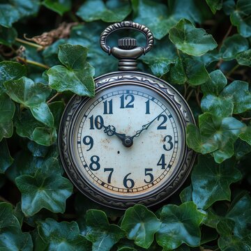 round antique pocket watch against a backdrop of green leaves