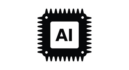 Black and white illustration of a microchip with AI text in the center