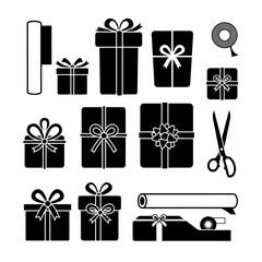 Gift wrapping supplies vector: presents, paper, scissors, tape, bows, holiday, birthday, celebration