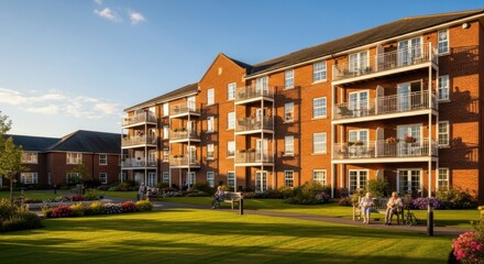 Modern Red Brick Apartment Building with Balconies in Well-maintained Garden