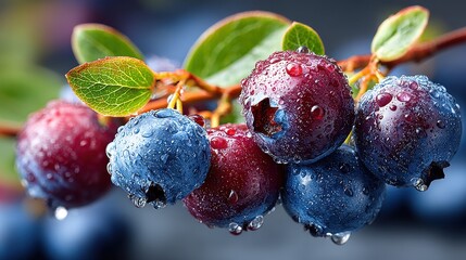 Fresh Blueberries with Water Droplets on Branch, Close-Up Macro Shot