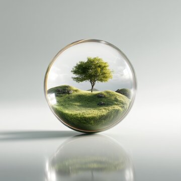 A green tree inside a transparent glass ball as a symbol of nature conservation and ecology.